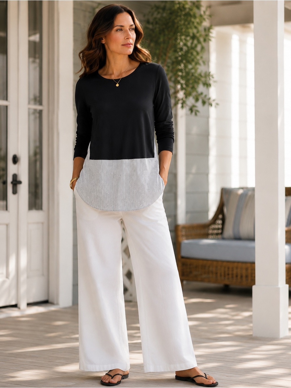 J. Jill L‎ Black Layered Look Mixed Media Tunic Long Sleeve Coastal Minimalist